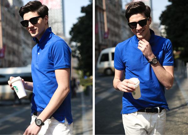 純藍色POLO衫定制,t恤衫訂做款式模特效果圖