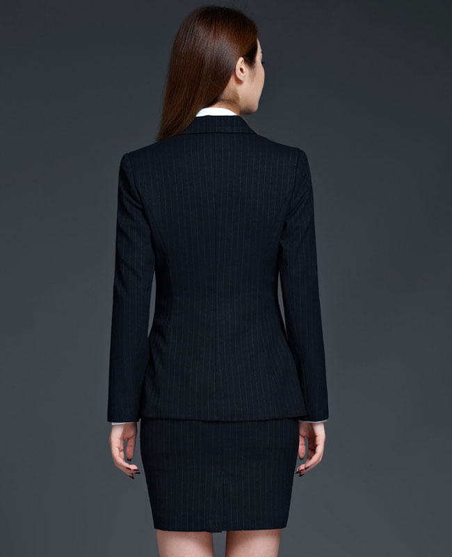 黑色條紋女職業套裝配裙子背后款式圖