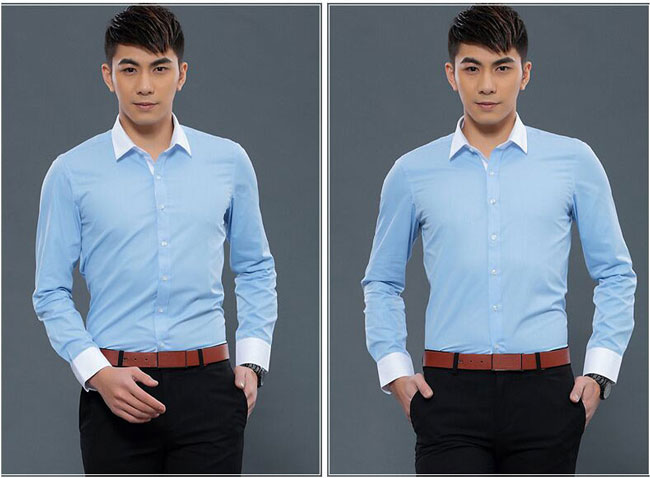 淺藍配白色領職業襯衫工作服訂做模特效果圖片
