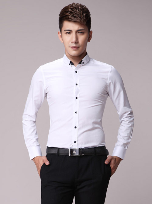 白色韓版修身男士襯衫訂做款式圖