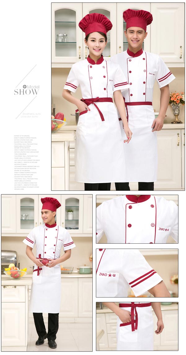 新款紅白搭配短袖廚師服定做款式細節展示圖