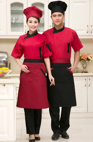 紅色黑領時尚短袖廚師工作服訂做