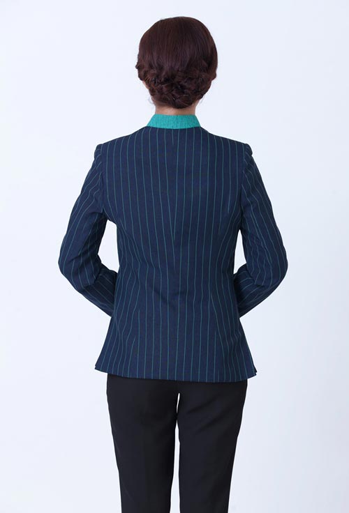 藍色條紋女保潔員工作服長袖定做背后款式展示圖