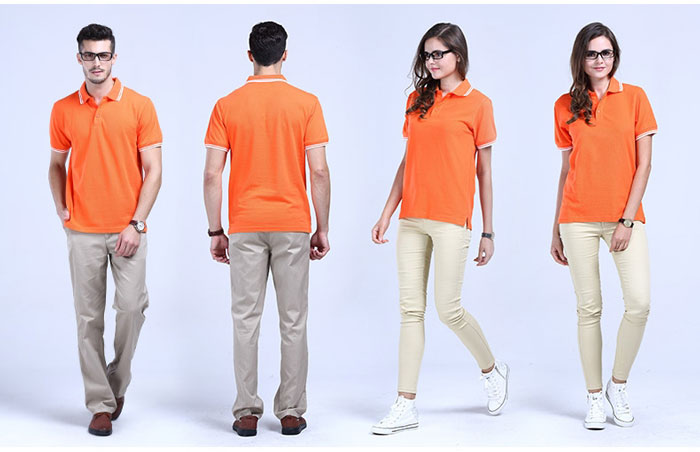 橙色嵌條翻領t恤衫定制款式前后效果展示圖