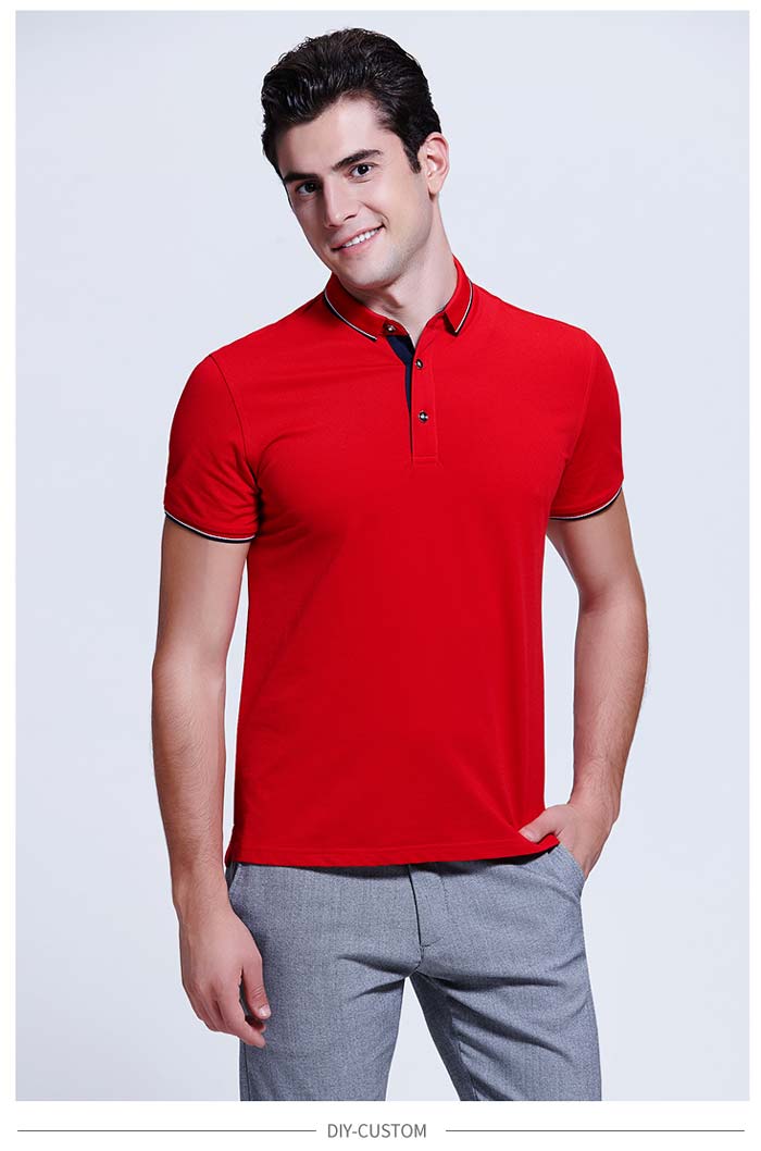 大紅色短袖polo衫定做男裝款式展示圖