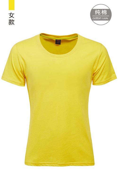 黃色純棉短袖女圓領T恤衫