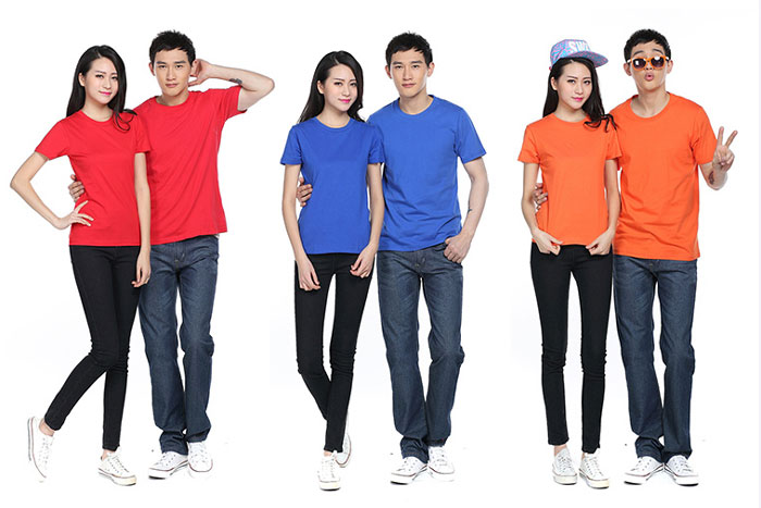 紅色/藍色萊卡棉圓領T恤衫定做男女款式展示圖
