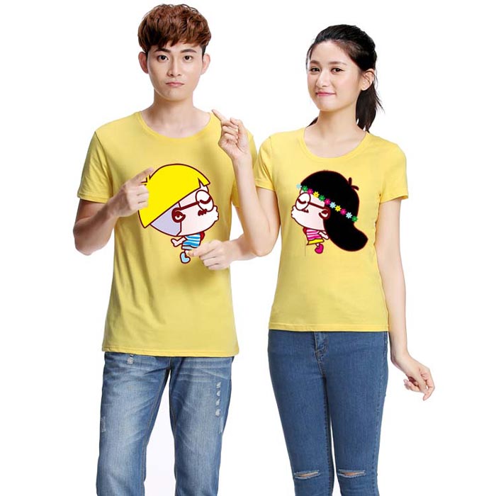 黃色萊卡棉圓領T恤衫定做男/女款效果圖