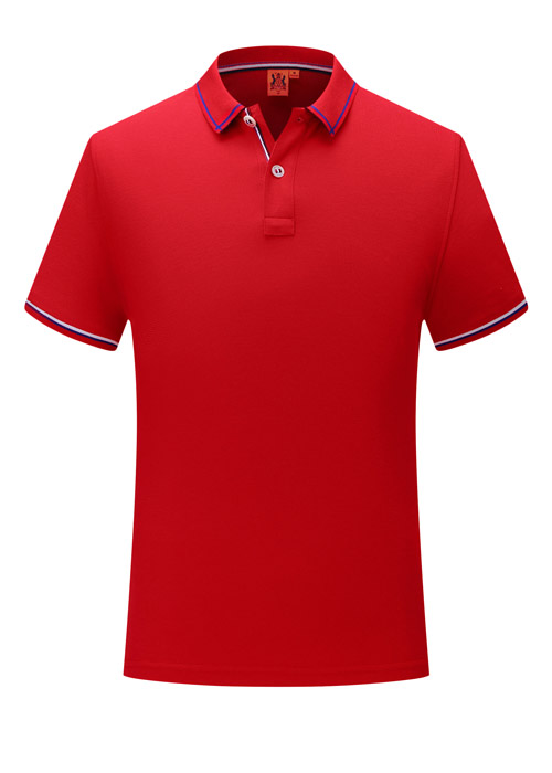 大紅色款織帶串紐扣款短袖POLO衫