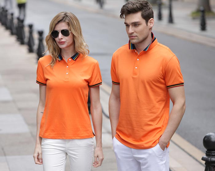 橙色款彩虹領短袖POLO衫定做,T恤衫現貨加做LOGO男女模特效果圖