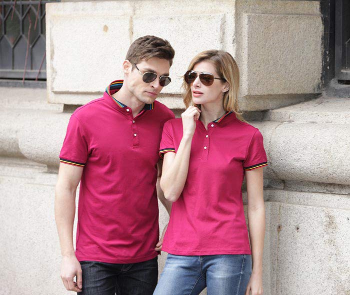 玫紅色款彩虹領短袖POLO衫定做,現貨T恤衫加做LOGO男女模特效果圖